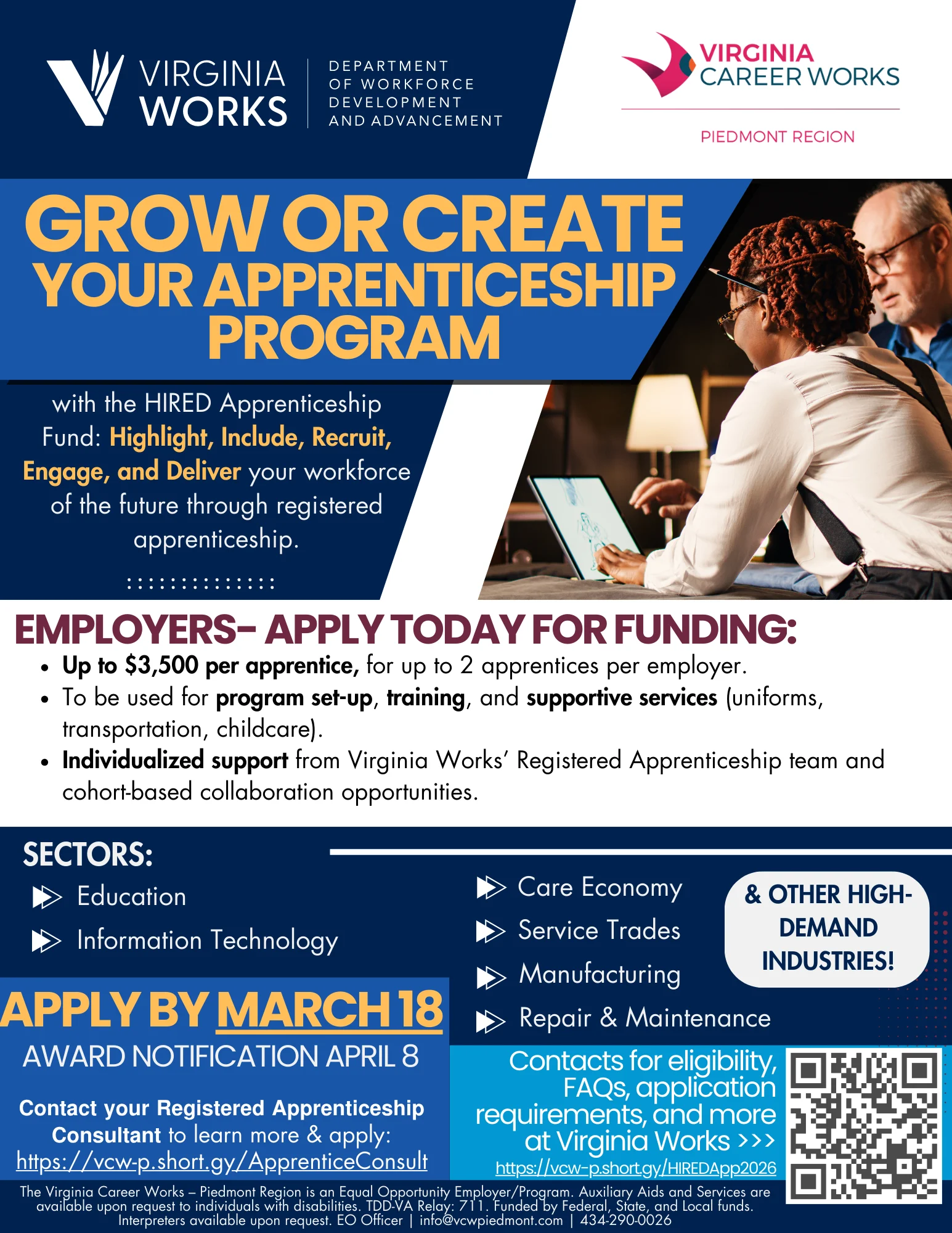 Flyer promoting apprenticeship funding for employers through Virginia Works and Virginia Career Works. Highlights sectors, funding up to $3,000 per apprentice, and application deadline of March 18.