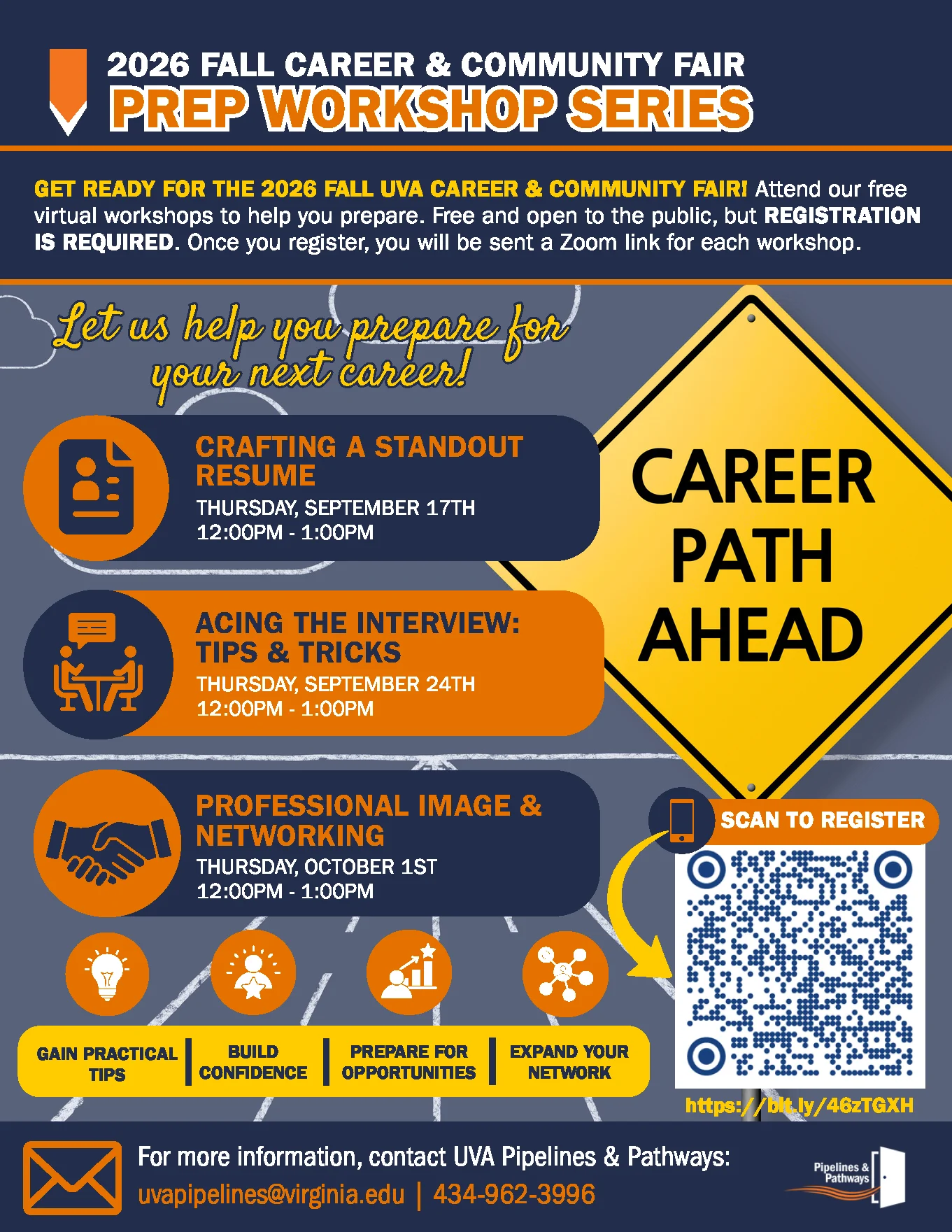 Flyer for the 2026 Fall UVA Career & Community Fair Prep Workshops with dates, times, session topics, and a QR code to register. Contact info for UVA Pipelines & Pathways is at the bottom.