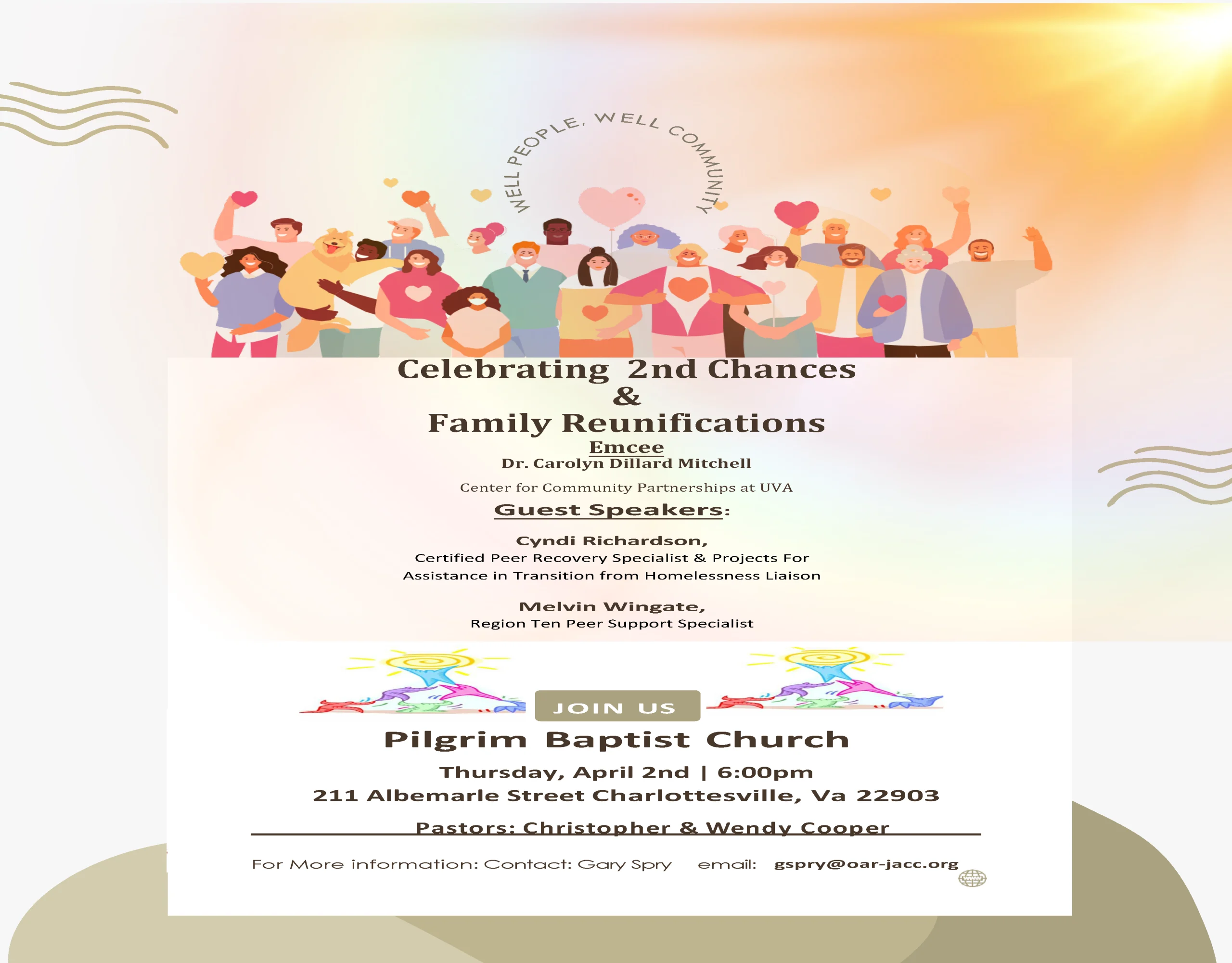 A community event flyer with diverse people holding hearts and smiling behind a white box announcing Celebrating 2nd Chances & Family Reunifications at Pilgrim Baptist Church with guest speakers and event details.