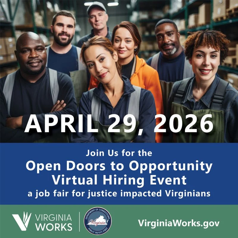 A diverse group of smiling people in work uniforms stand in a warehouse. Text promotes a virtual hiring event for justice-impacted Virginians on April 29, 2026, hosted by Virginia Works.