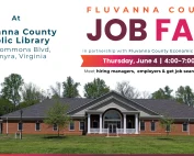Fluvanna County Job Fair flyer showing a library building, event details: June 4, 4–7 PM at Fluvanna County Public Library, Palmyra, VA. Attendees can meet employers, hiring managers, and get job search assistance.