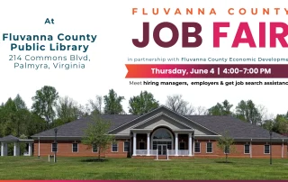 Fluvanna County Job Fair flyer showing a library building, event details: June 4, 4–7 PM at Fluvanna County Public Library, Palmyra, VA. Attendees can meet employers, hiring managers, and get job search assistance.