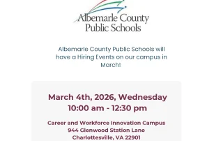 Flyer for a Hiring Event by Albemarle County Public Schools on March 4, 2026, 10am-12pm at 944 Glenwood Station Lane, Charlottesville, VA. Includes contact info and Virginia Career Works logo.