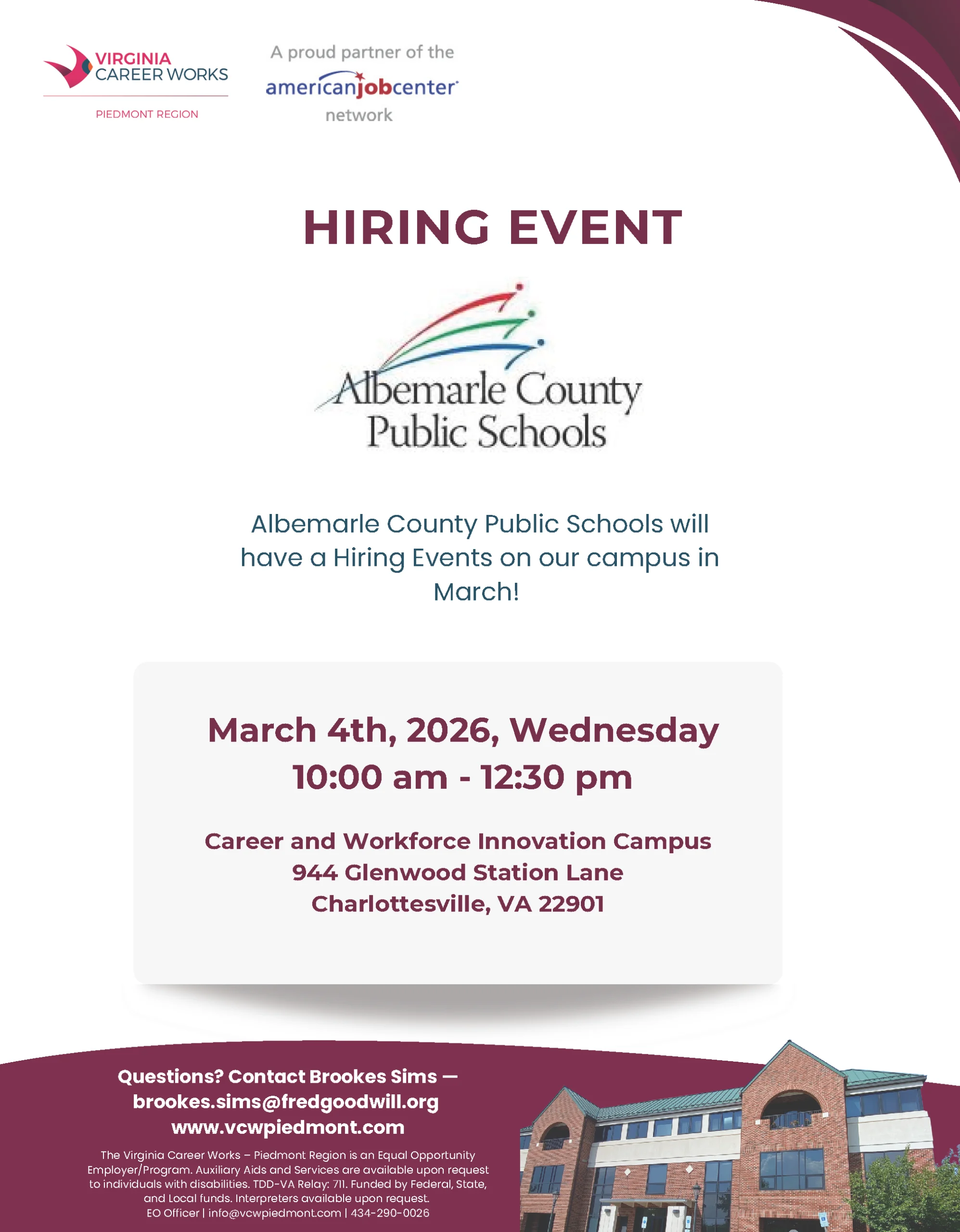Flyer for a Hiring Event by Albemarle County Public Schools on March 4, 2026, 10am-12pm at 944 Glenwood Station Lane, Charlottesville, VA. Includes contact info and Virginia Career Works logo.