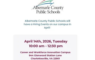 Flyer for an Albemarle County Public Schools hiring event on April 14, 2026, from 10:00 am to 12:30 pm at 944 Glenwood Station Lane, Charlottesville, VA, with contact info and logos included.