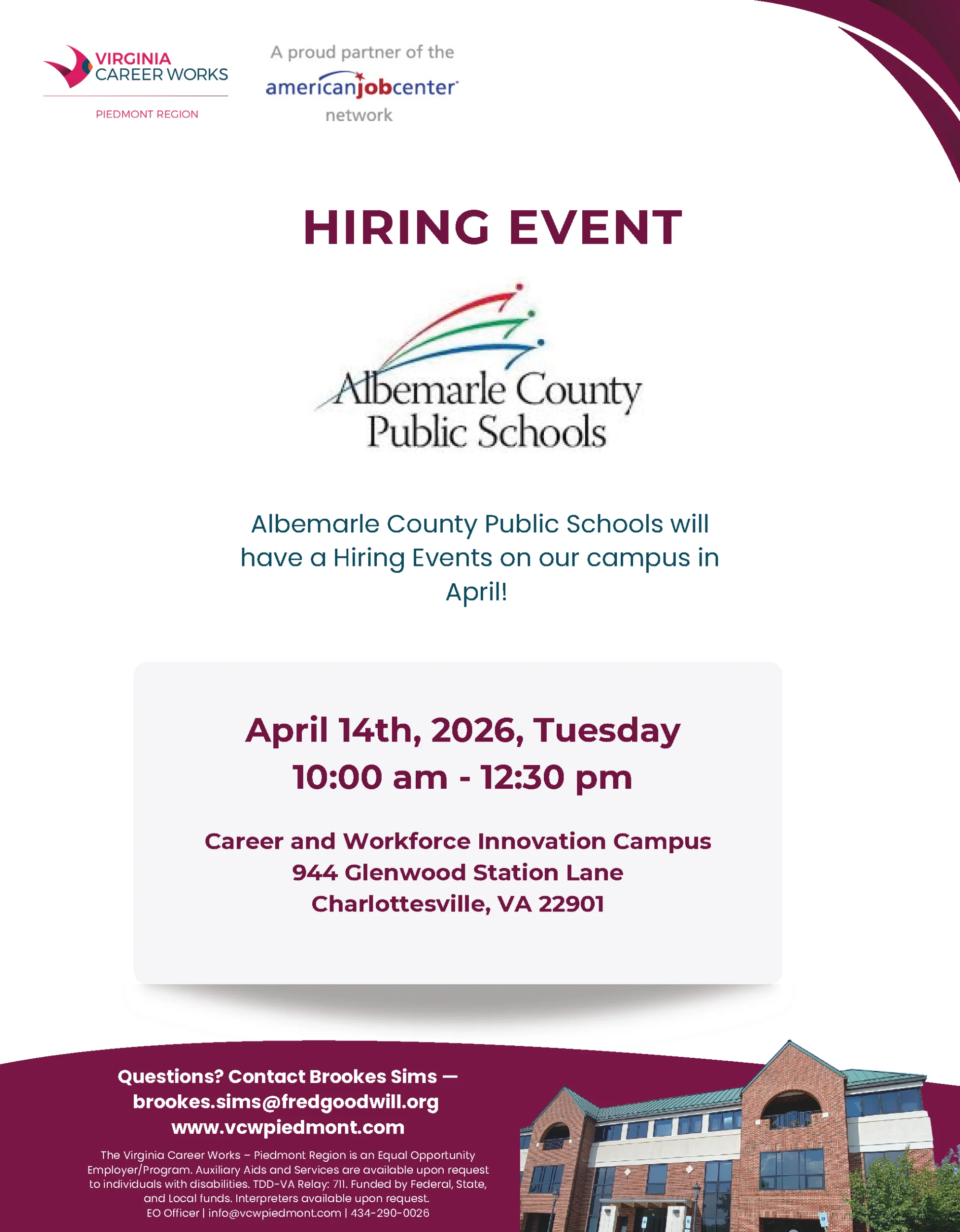 Flyer for an Albemarle County Public Schools hiring event on April 14, 2026, from 10:00 am to 12:30 pm at 944 Glenwood Station Lane, Charlottesville, VA, with contact info and logos included.