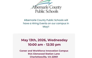 Flyer with Virginia Career Works and Albemarle County Public Schools logos, announcing a hiring event on May 13, 2026, from 10am–12pm at 944 Glenwood Station Ln, Charlottesville, VA. Contact info and website are listed at the bottom.