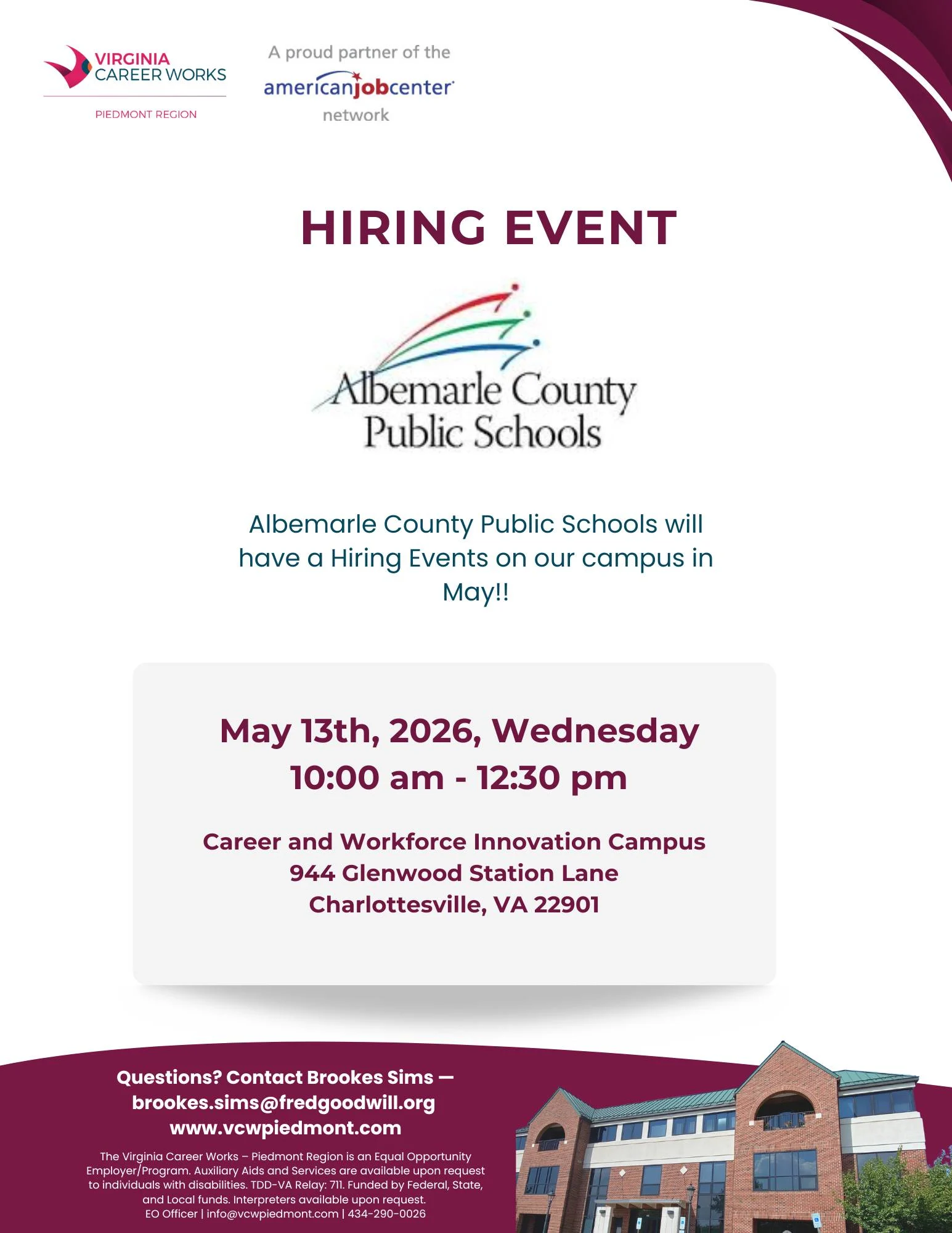 Flyer with Virginia Career Works and Albemarle County Public Schools logos, announcing a hiring event on May 13, 2026, from 10am–12pm at 944 Glenwood Station Ln, Charlottesville, VA. Contact info and website are listed at the bottom.