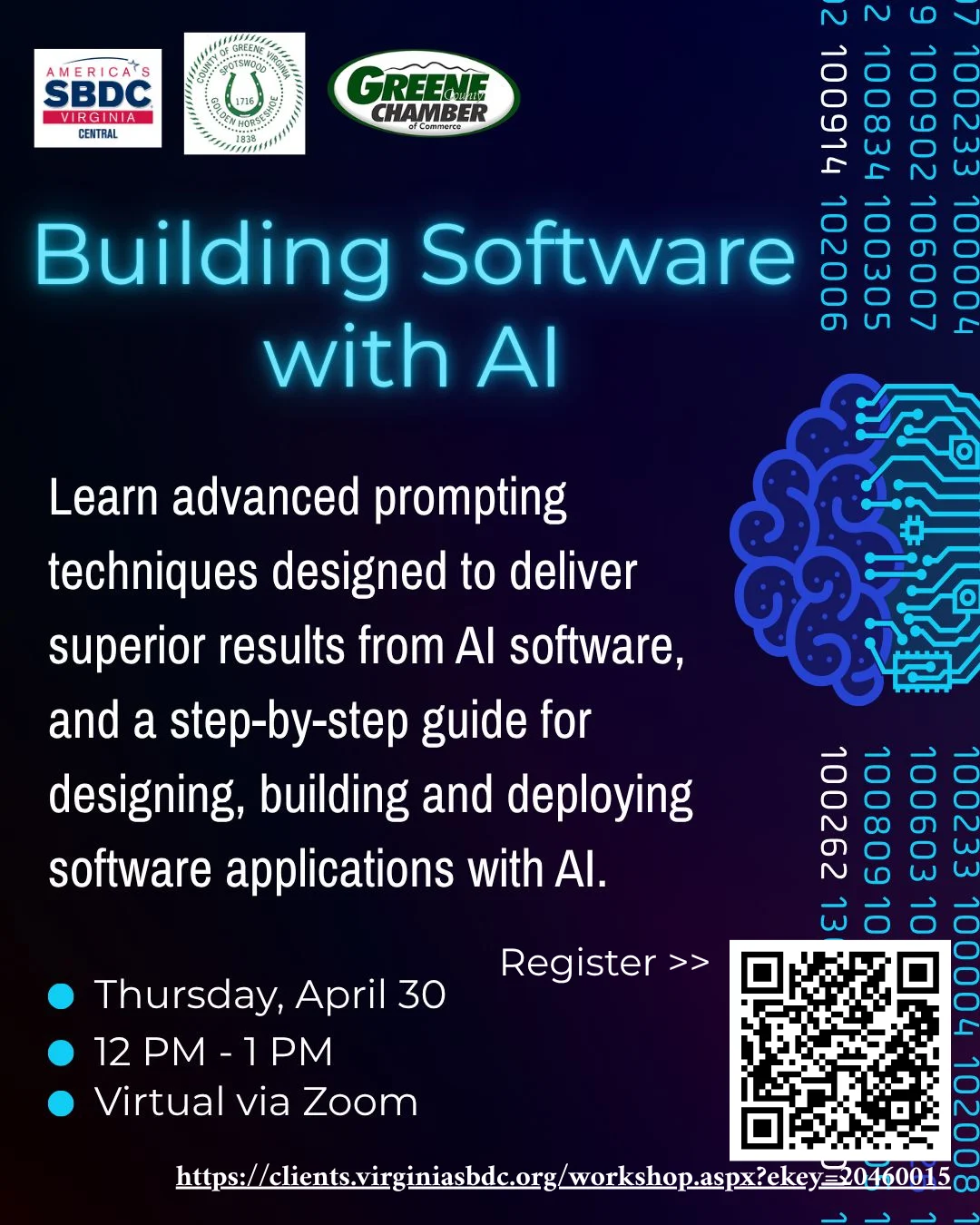 Digital flyer titled Building Software with AI advertising a virtual workshop about AI software development. Includes date (Thursday, April 30), time (12-1 PM), registration QR code, and abstract tech-themed graphics.