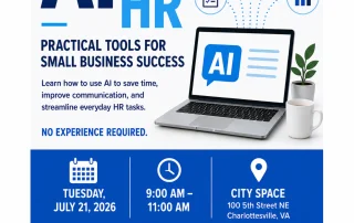 Flyer for an AI for HR workshop on July 21, 2026, in Charlottesville, VA, featuring event details, a laptop image with AI on the screen, and a QR code for registration. Hosted by Charlottesville Economic Development.
