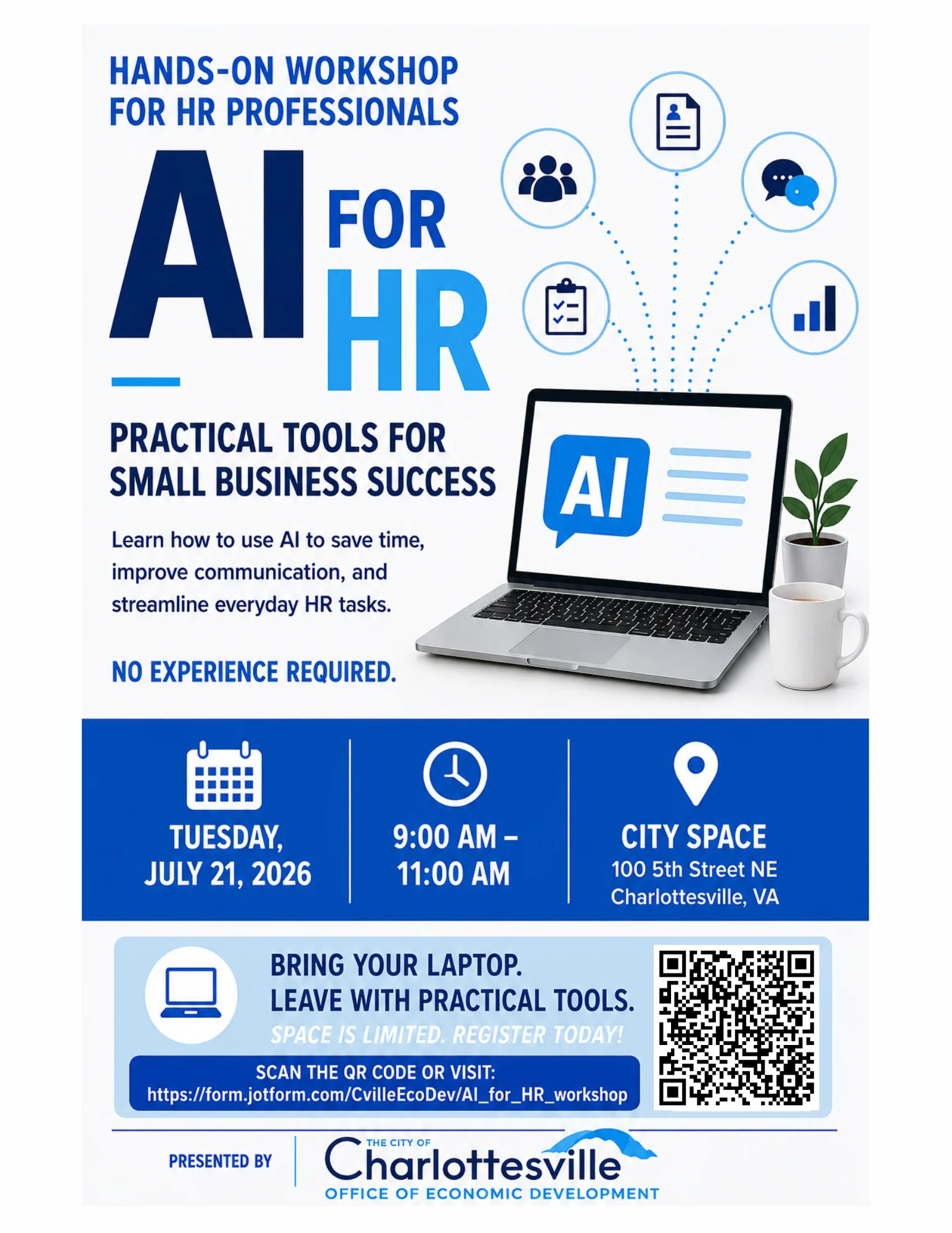 Flyer for an AI for HR workshop on July 21, 2026, in Charlottesville, VA, featuring event details, a laptop image with AI on the screen, and a QR code for registration. Hosted by Charlottesville Economic Development.