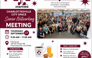 A large group of people pose and smile at a senior networking meeting for AT HOME CARE Staffing. Event details, including time, date, location, and refreshments, are displayed on the flyer, with an invitation to “Meet the Team!”.
