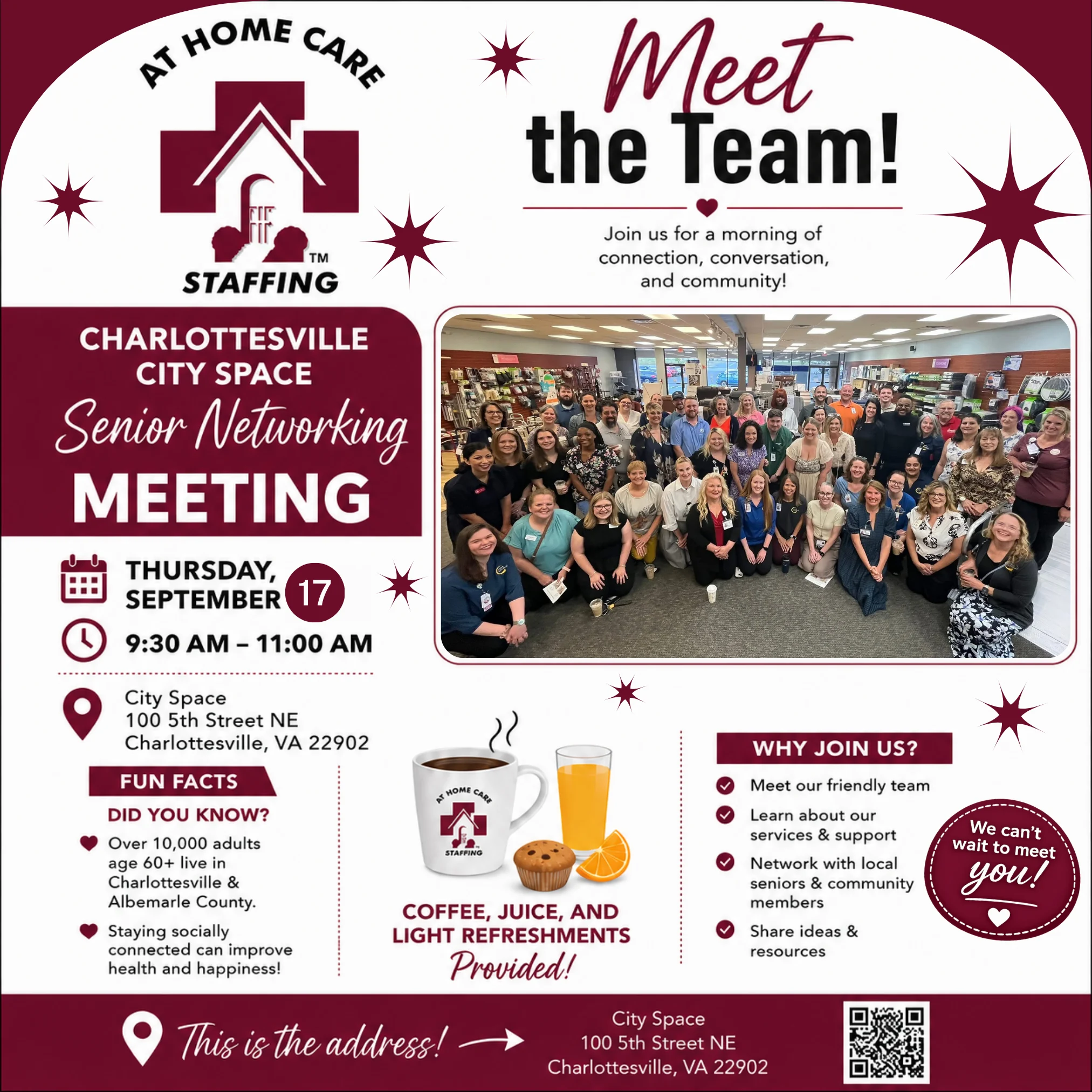 A large group of people pose and smile at a senior networking meeting for AT HOME CARE Staffing. Event details, including time, date, location, and refreshments, are displayed on the flyer, with an invitation to “Meet the Team!”.