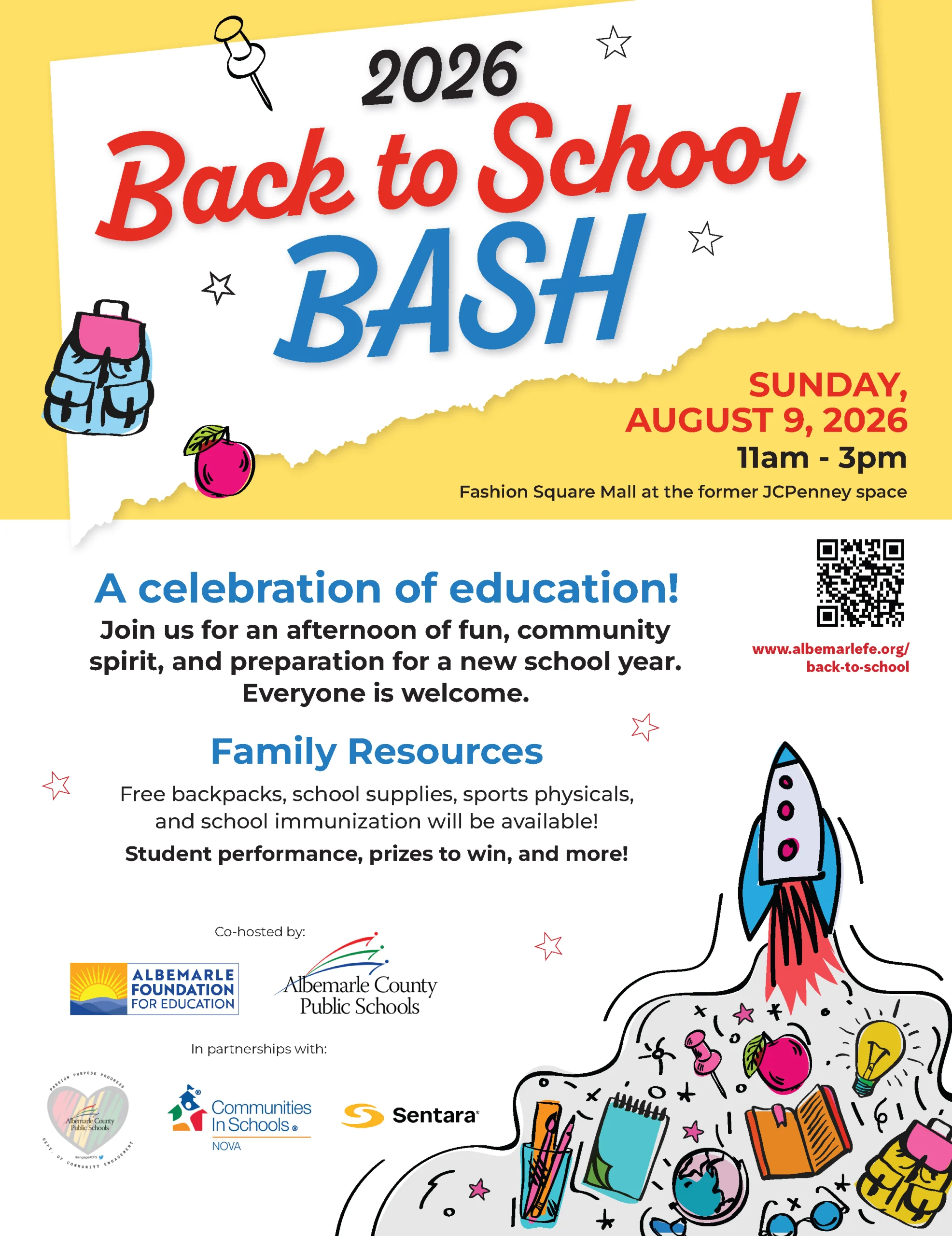 Colorful flyer for the 2026 Back to School Bash, held August 9, 11am-3pm at Fashion Square Mall. Includes school-themed graphics, event details, free supplies info, and logos for sponsors and partners at the bottom.