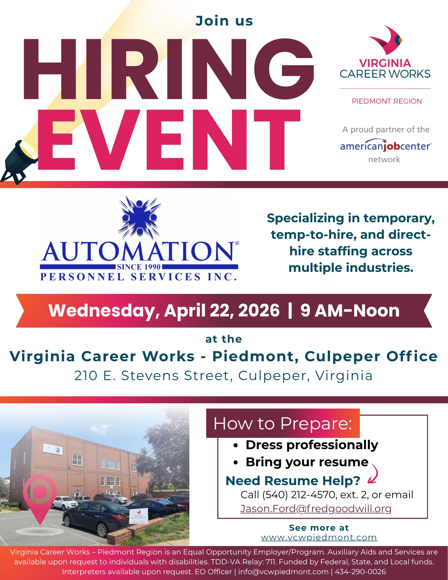Flyer for a hiring event hosted by Virginia Career Works and Automation Personnel Services on April 22, 2026, 9 AM–Noon, at 210 E. Stevens St, Culpeper, VA, featuring job prep tips and contact details.