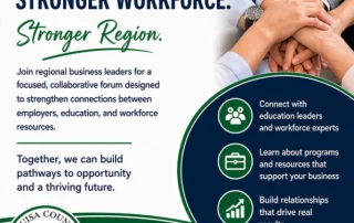 A group of businesspeople join hands in unity. Text highlights the benefits of connecting employers, education, and workforce resources to strengthen businesses and regions, with the Louisa County Chamber of Commerce logo at the bottom left.
