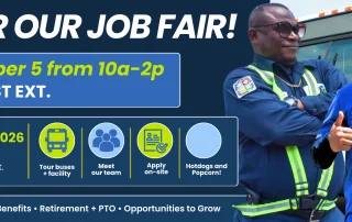 Job fair banner with details: Saturday, September 5, 10 am–2 pm at 1545 Avon Street Ext. Includes icons for bus tours, meeting staff, applying onsite, and food. Three smiling people in uniforms are pictured.