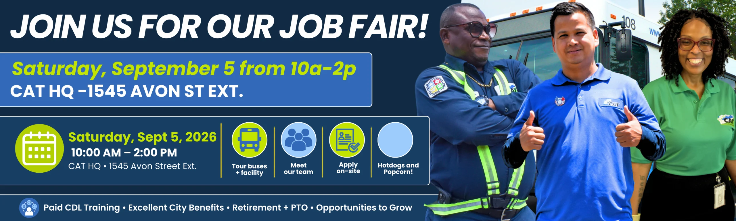Job fair banner with details: Saturday, September 5, 10 am–2 pm at 1545 Avon Street Ext. Includes icons for bus tours, meeting staff, applying onsite, and food. Three smiling people in uniforms are pictured.