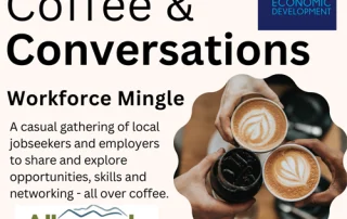 Event flyer for Coffee & Conversations: Workforce Mingle on Friday, March 13th, 9:30-10:30AM, hosted by Charlottesville Office of Economic Development and Albemarle County, with RSVP email and photo of two people clinking coffee cups.