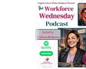 Podcast cover for The Workforce Wednesday Podcast featuring illustrated hosts Liz Burnett and Stephanie McNamara at microphones, with logos for Spotify, Virginia Career Works, and an ON AIR sign.
