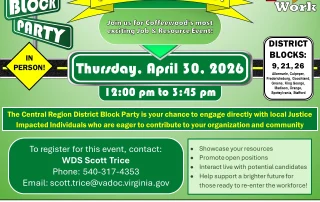 A colorful flyer invites people to the Central Region District Block Party and Job & Resource Event on April 30, 2026, from 12:00 pm to 3:45 pm at 12352 Coffeewood Drive, Mitchells, VA. Registration closes April 23.