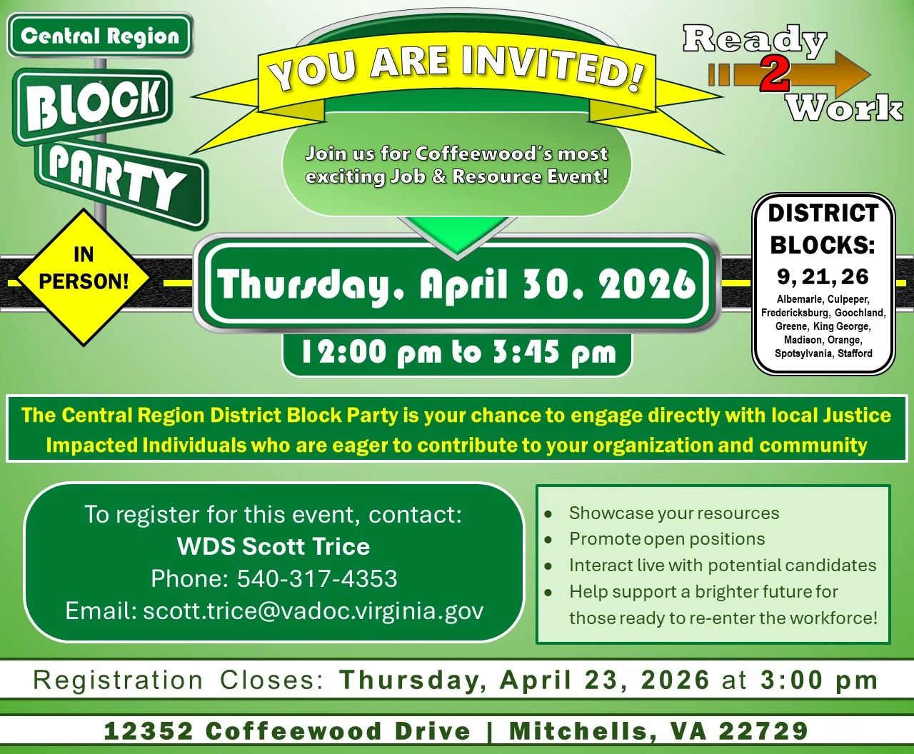 A colorful flyer invites people to the Central Region District Block Party and Job & Resource Event on April 30, 2026, from 12:00 pm to 3:45 pm at 12352 Coffeewood Drive, Mitchells, VA. Registration closes April 23.