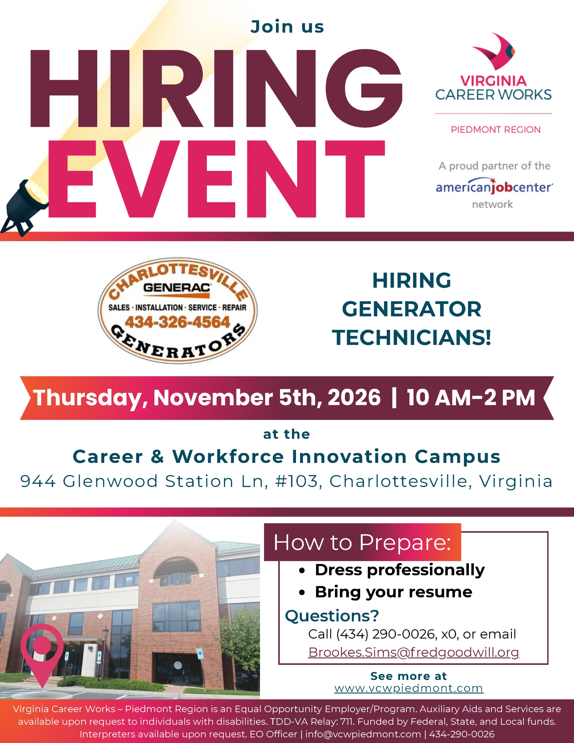 Flyer for a Virginia Career Works hiring event on November 5th, 2026, from 10 AM to 2 PM at the Career & Workforce Innovation Campus in Charlottesville, seeking generator technicians.