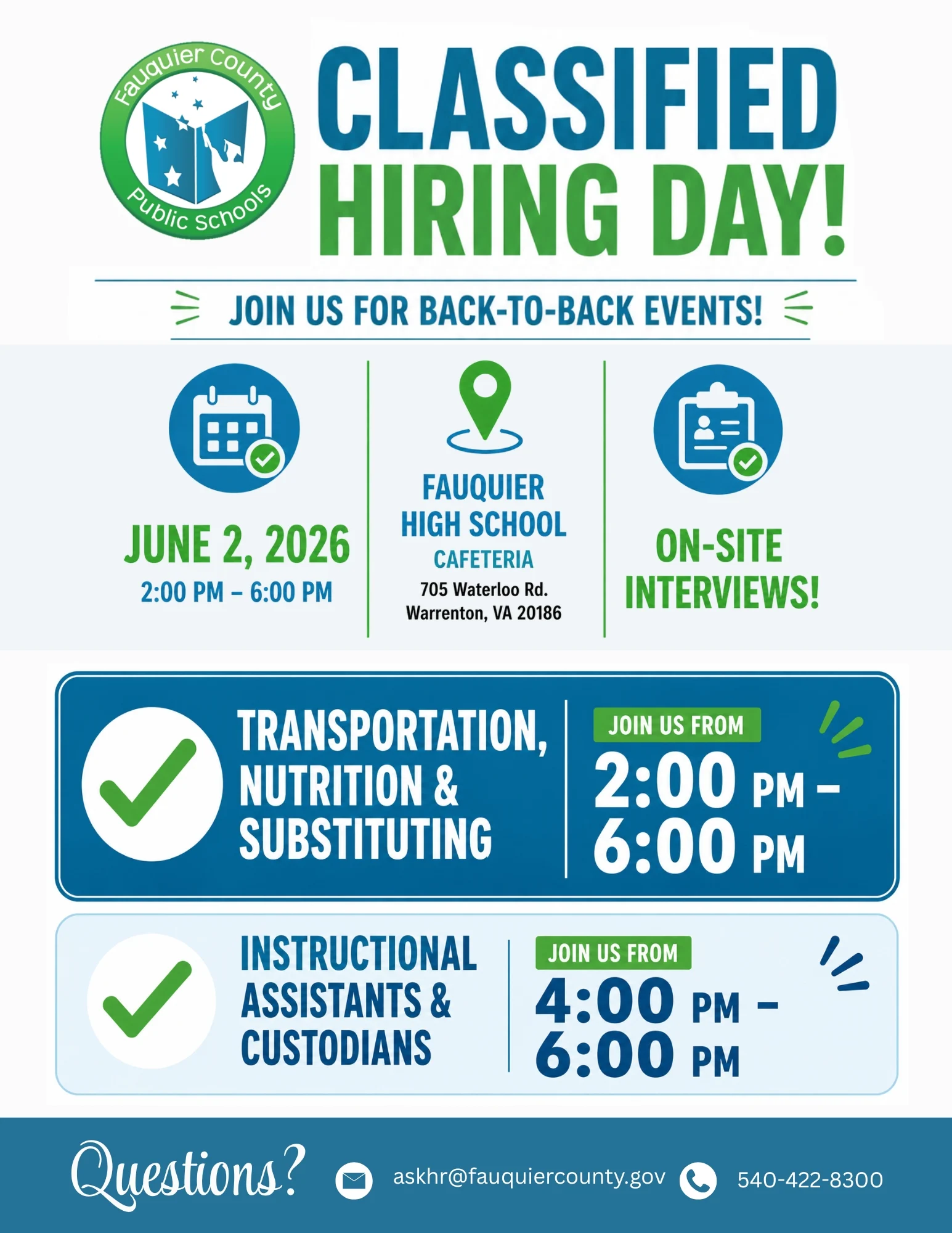 Fauquier County Public Schools flyer for Classified Hiring Day on June 2, 2026, 2–6 PM at Fauquier High School, with on-site interviews for various positions and contact info provided.
