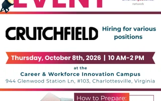 Flyer for a hiring event at Crutchfield, happening October 8, 2026, 10 AM–2 PM in Charlottesville, VA, with resume tips. Hosted by Virginia Career Works.