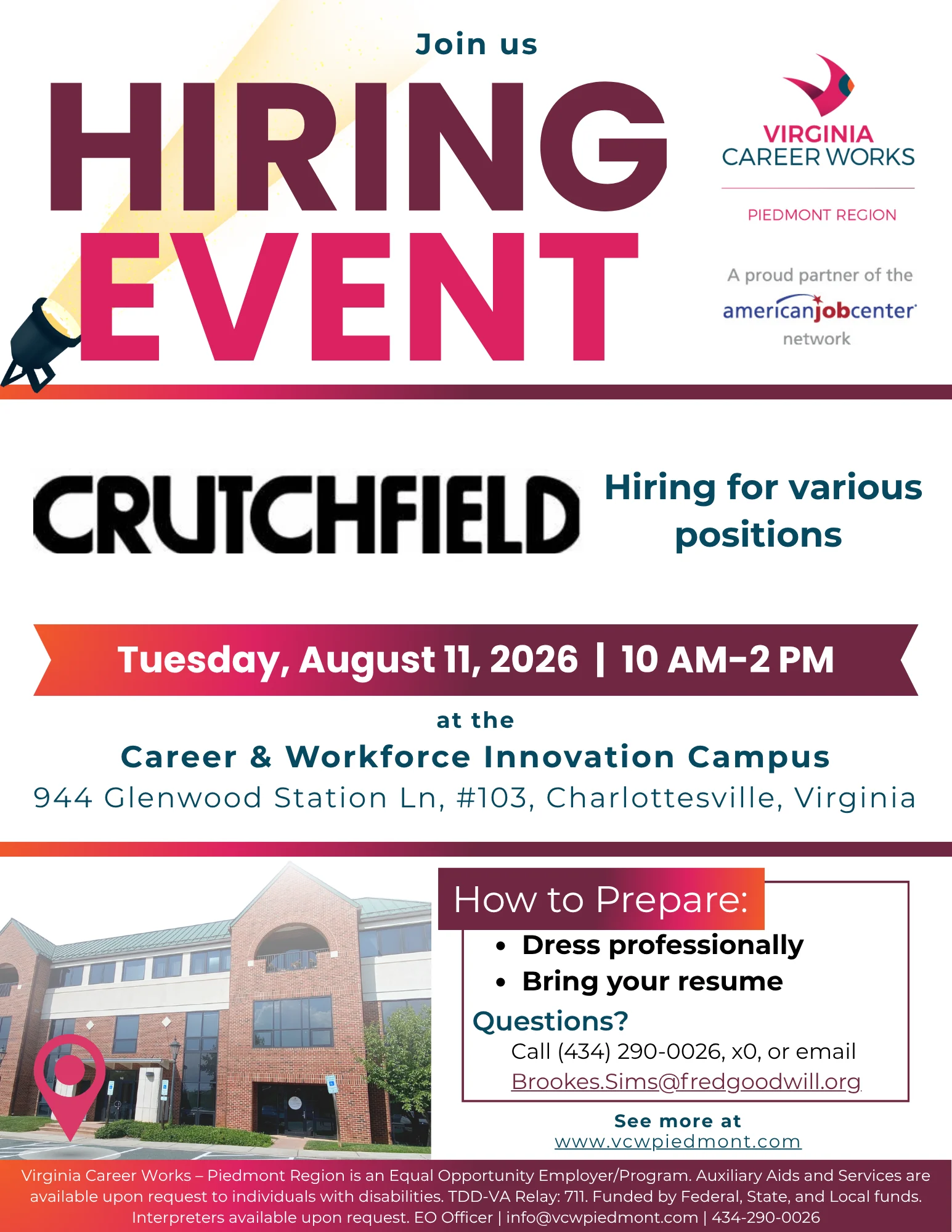 Flyer for a hiring event featuring Crutchfield, scheduled for August 11, 2026, 10 AM–2 PM, at 944 Glenwood Station Ln, Charlottesville, VA. Includes tips to dress professionally and bring a resume.
