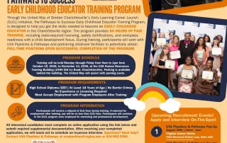 Flyer for the Early Childhood Educator Training Program by United Way, featuring text, icons, program details, application info, QR codes, and a photo of two women smiling with children in a classroom setting.