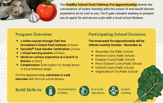 Flyer for a Pre-Apprenticeship cooking program with text, food illustrations, and a woman cooking at a stove. Program highlights, benefits, and contact info are included on a green background.