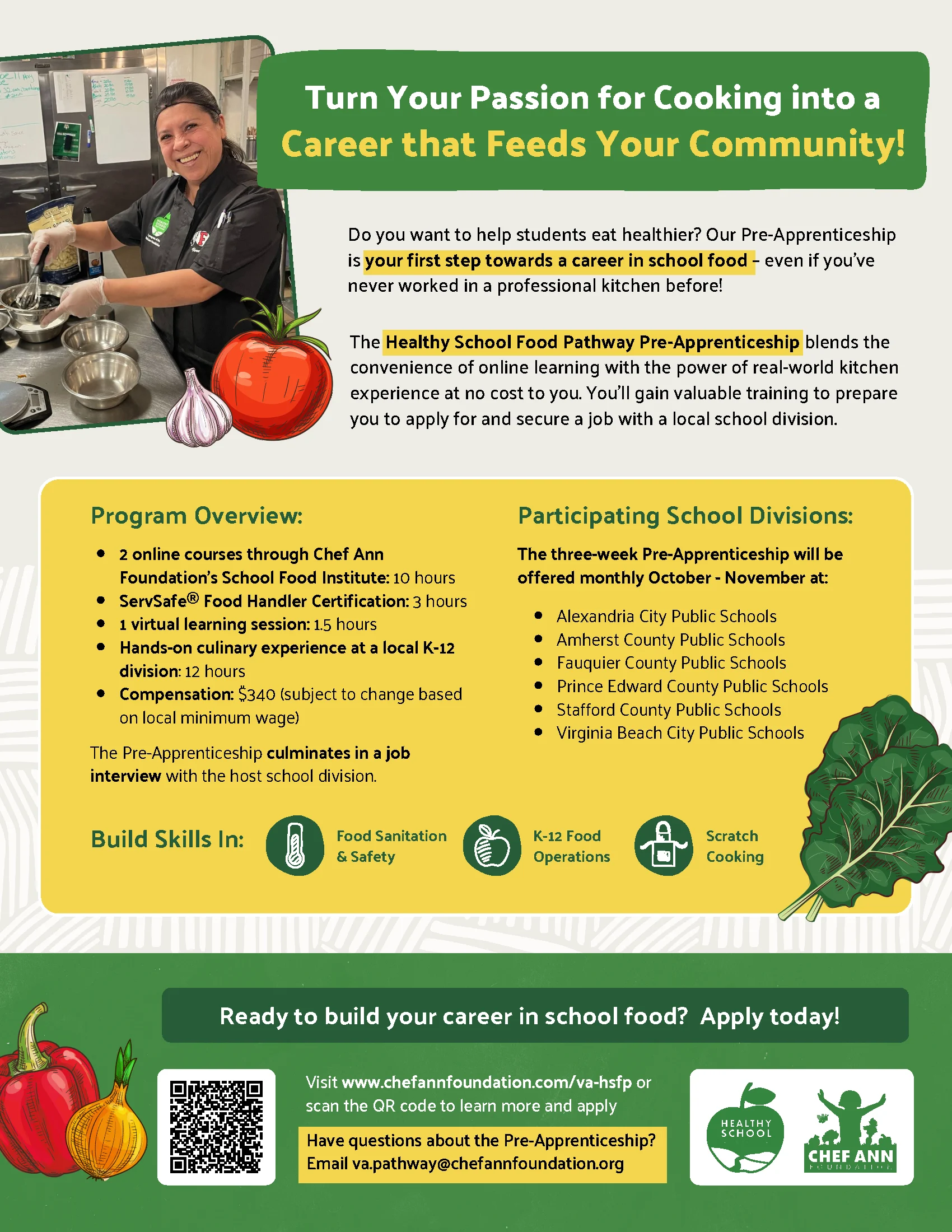 Flyer for a Pre-Apprenticeship cooking program with text, food illustrations, and a woman cooking at a stove. Program highlights, benefits, and contact info are included on a green background.