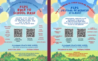 Colorful flyer with English and Spanish info for the FCPS Back to School Bash on August 8, 2026, 10AM-3PM at Fluvanna County High School. Includes QR codes and lists food, games, sports, music, and more.