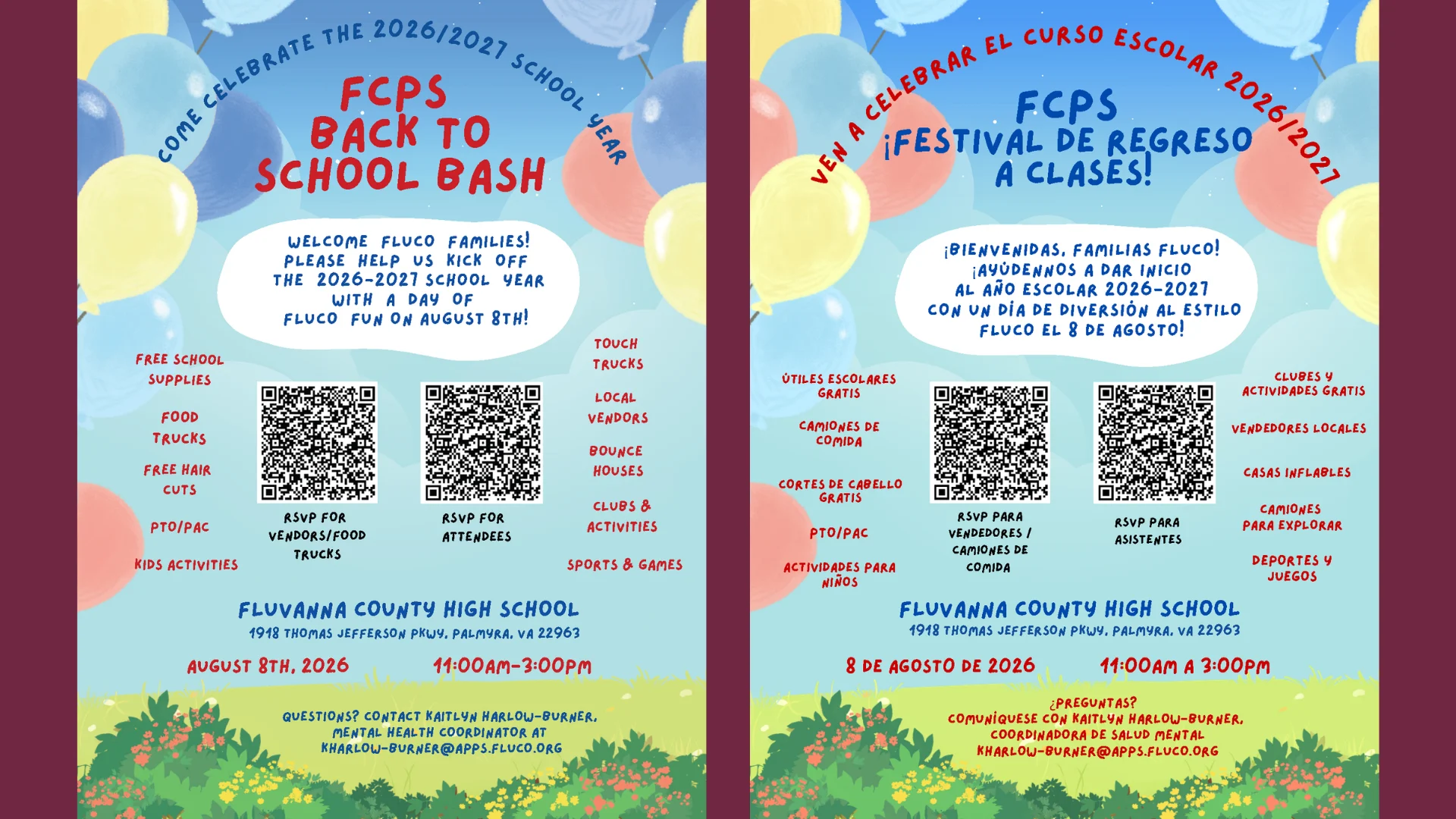 Colorful flyer with English and Spanish info for the FCPS Back to School Bash on August 8, 2026, 10AM-3PM at Fluvanna County High School. Includes QR codes and lists food, games, sports, music, and more.
