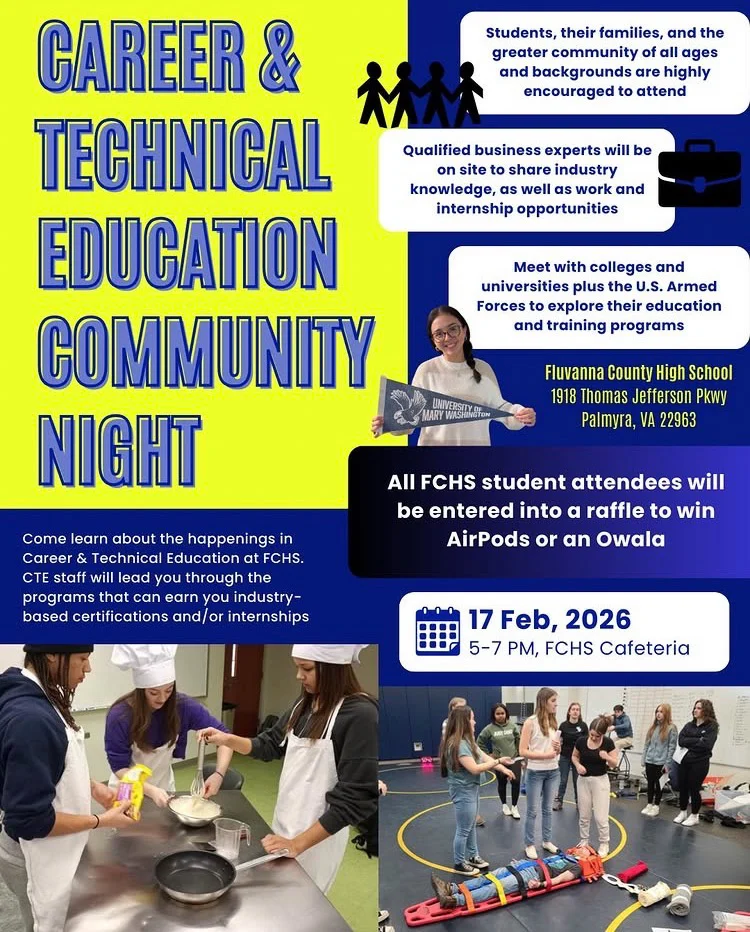 Flyer for Career & Technical Education Community Night at Fluvanna County High School, with event details, student photos, prizes, and info about exploring career and education programs on February 17, 2026, from 5–7 PM.