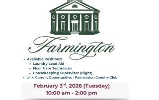 Flyer for a hiring event at Farmington, listing positions: Laundry Lead Aid, Floor Care Technician, and Housekeeping Supervisor (Night). Event is Feb. 3, 2026, 10 am–2 pm at 944 Glenwood Station Ln, Charlottesville, VA.