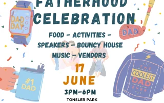 Colorful flyer for a Fatherhood Celebration event with images of tools, shirts, mugs, and confetti. Event details: June 17, 3–6PM, Tonsler Park, Charlottesville, VA. Includes activities, food, music, and vendors.