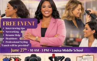 Event flyer featuring professional women, advertising Elevate Your Image, Elevate Your Future with free image consulting, headshots, beauty, hair, and resume assistance on June 27th, 10 AM-1 PM at Louisa Middle School.