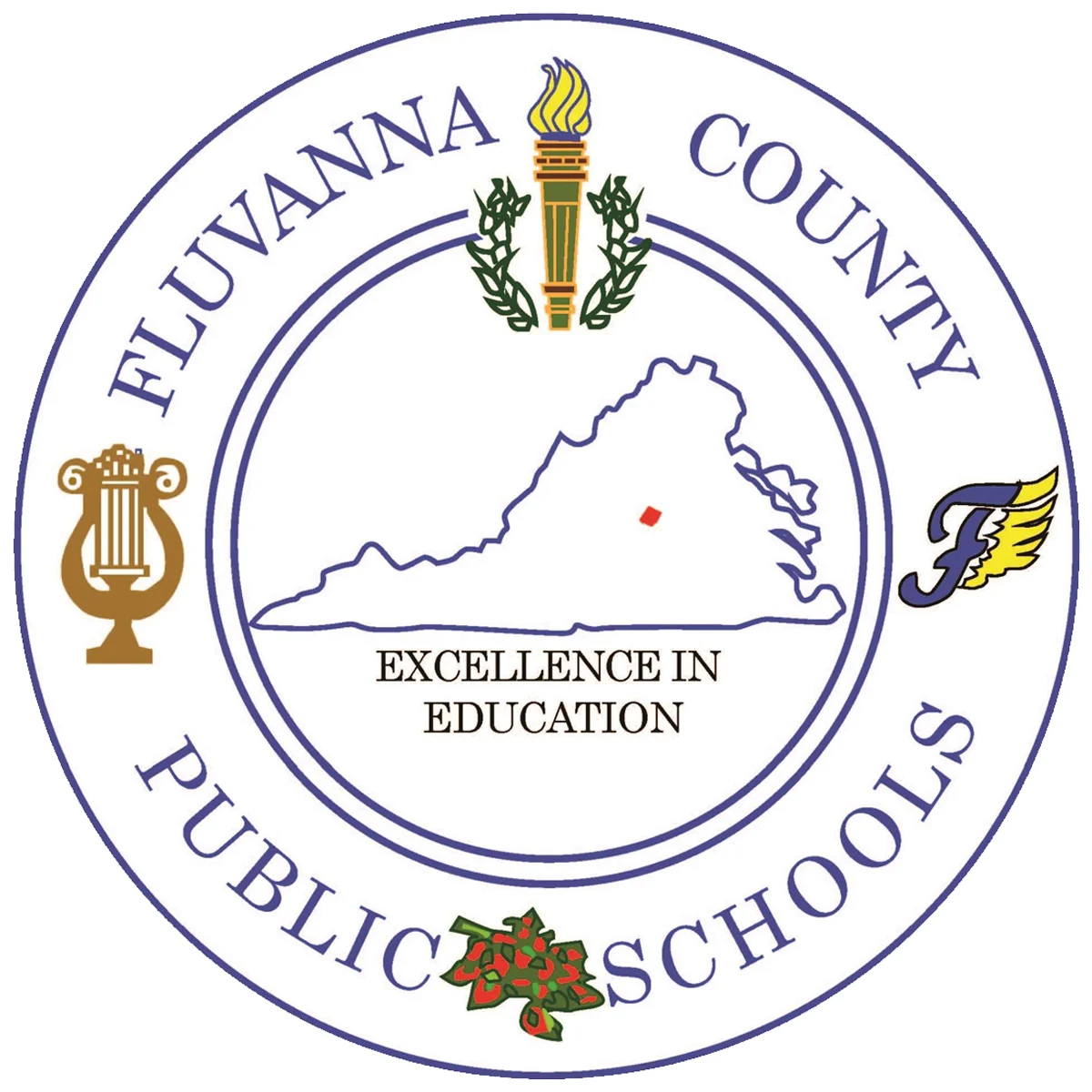 Fluvanna County Public Schools Seal of Fluvanna County Public Schools featuring a Virginia state outline, a torch, lyre, winged F, holly branch, and the phrase Excellence in Education within a blue circular border.