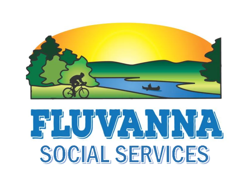 Fluvanna DSS Logo 2024 – Edited Logo for Fluvanna Social Services featuring a sunset over a river with trees, a person riding a bicycle on the left, and a canoe with two people on the water. The organizations name is written below.
