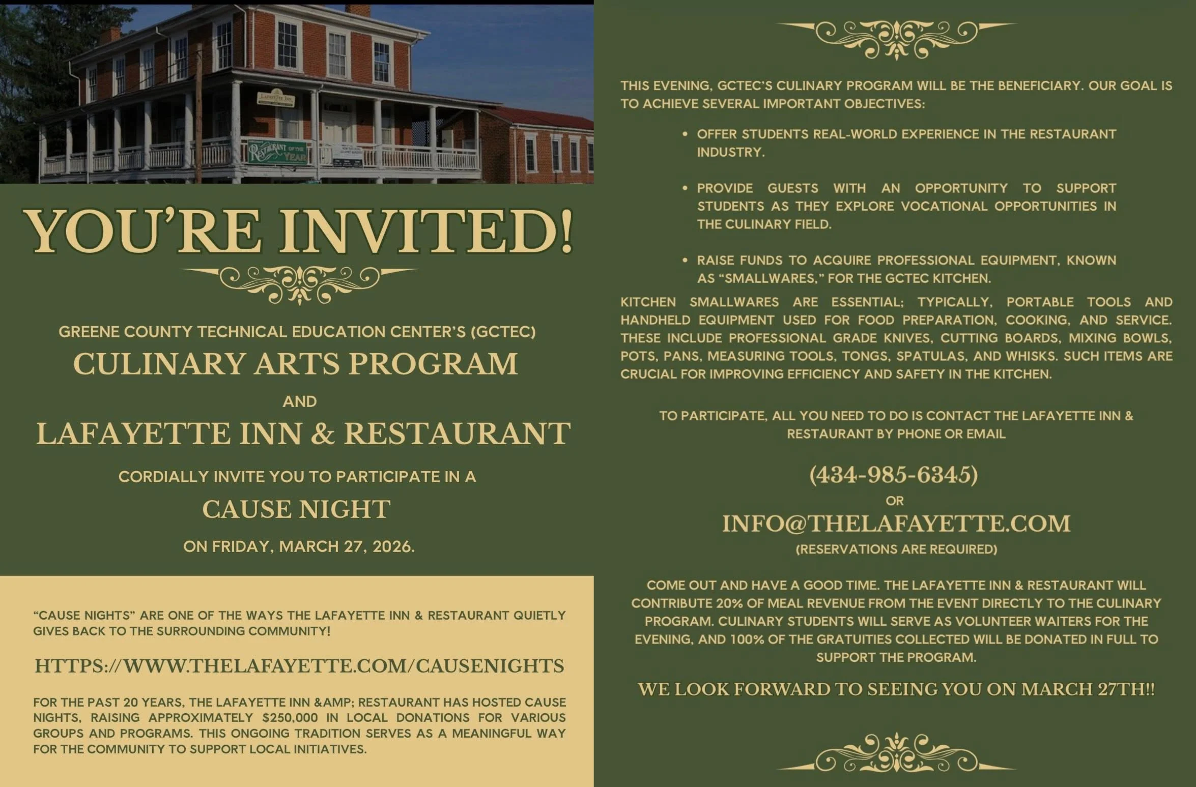 An invitation flyer for a “Cause Night” hosted by GCTEC Culinary Arts Program and Lafayette Inn & Restaurant, featuring event details, contact information, and colorful images of a historic building. Event is on March 27, 2026.