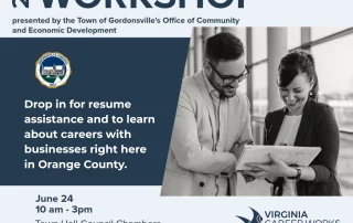 A flyer for the 2026 Employment Workshop in Gordonsville, VA, showing two professionals smiling at papers. Event is June 24 and July 29, 10 am–3 pm at Town Hall. Contact info and details are provided.