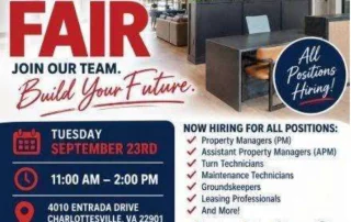 Job fair flyer for The Liberty Group and Greystar, advertising positions in Charlottesville, VA, on September 23rd, 11 AM–2 PM. Lists positions, contact info, and location. All Positions Hiring bubble and a JOIN OUR TEAM banner.