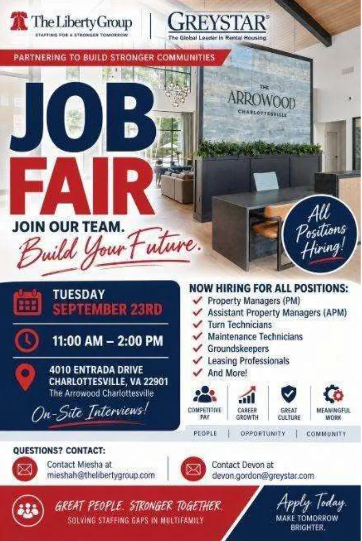 Job fair flyer for The Liberty Group and Greystar, advertising positions in Charlottesville, VA, on September 23rd, 11 AM–2 PM. Lists positions, contact info, and location. All Positions Hiring bubble and a JOIN OUR TEAM banner.
