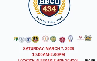 Flyer for Albemarle HBCU College Fair on March 7, 2026, from 10 AM–2 PM at Albemarle High School gym. Includes logos of HBCUs, event details, and sponsor logos at the bottom. Theme colors are red, blue, and white.