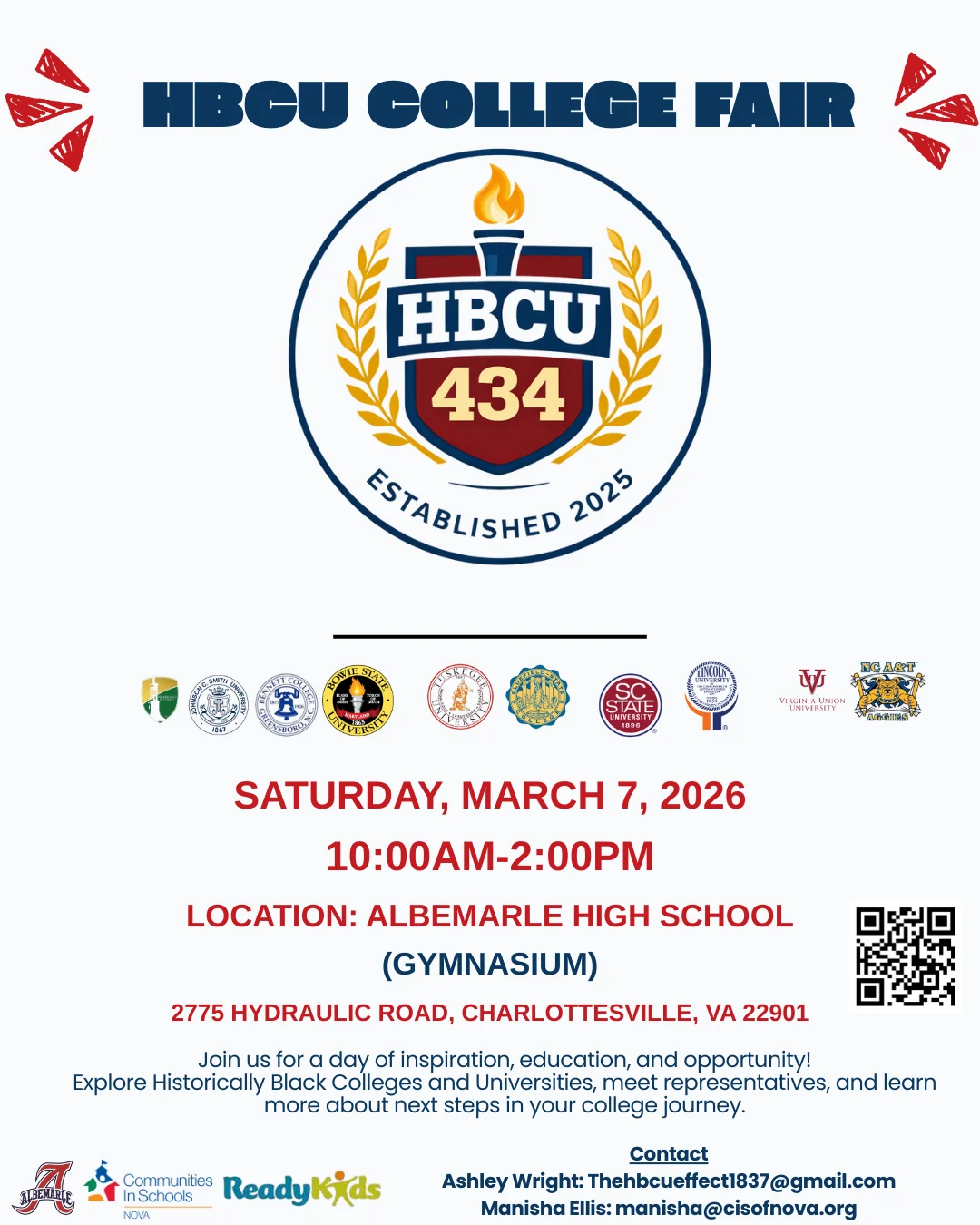Flyer for Albemarle HBCU College Fair on March 7, 2026, from 10 AM–2 PM at Albemarle High School gym. Includes logos of HBCUs, event details, and sponsor logos at the bottom. Theme colors are red, blue, and white.