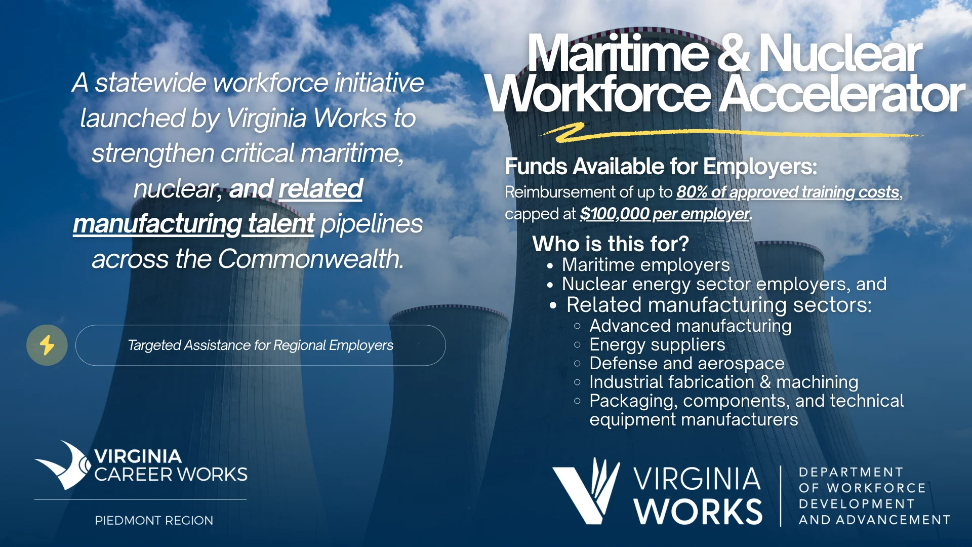 Informational graphic for the Maritime & Nuclear Workforce Accelerator, featuring smokestacks, program details for employers, and Virginia Works logos. Text highlights funding, eligibility, and targeted manufacturing sectors.