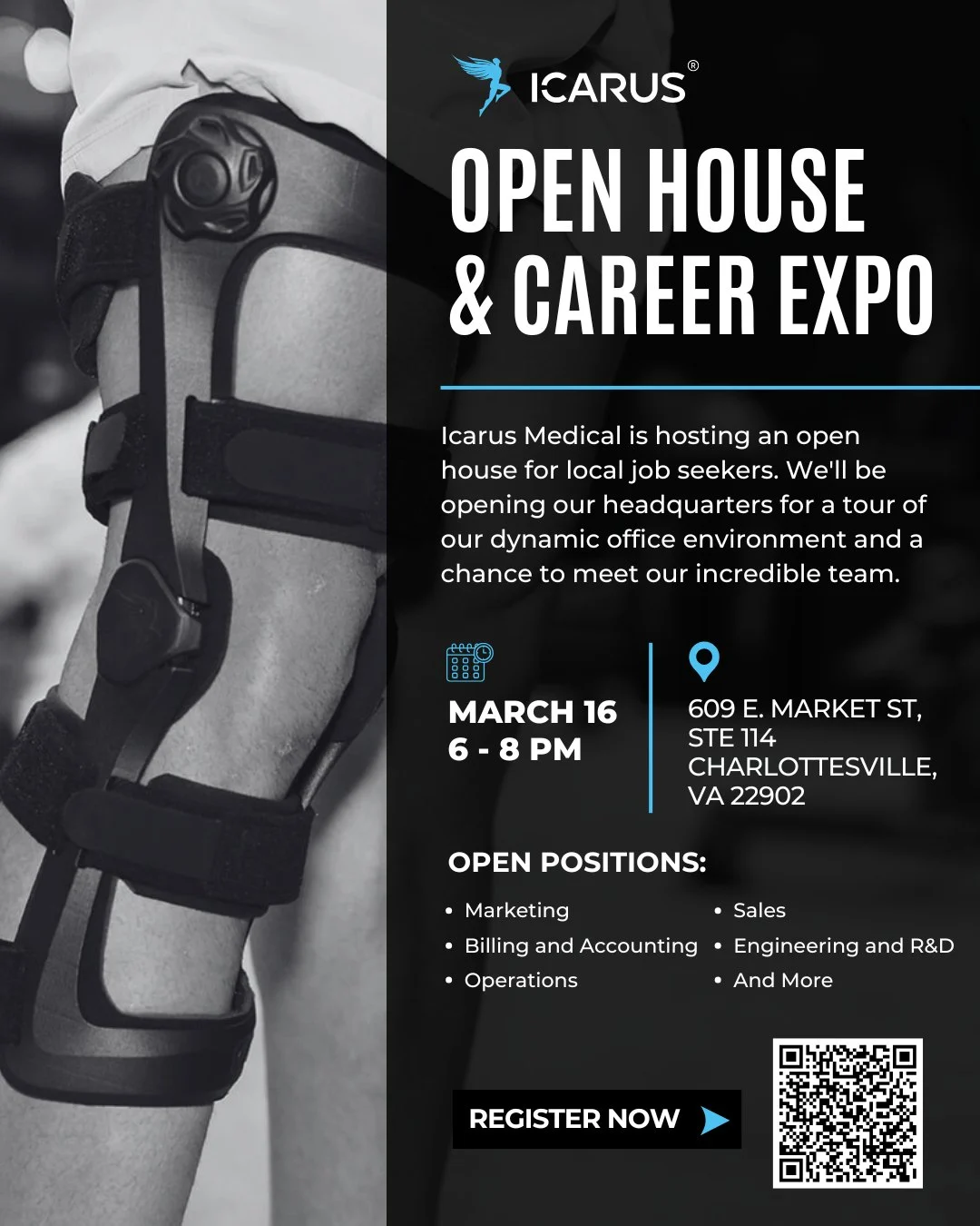 A person wearing a knee brace stands in the background of a flyer for Icarus Medical’s Open House & Career Expo. Event details, open positions, and a “Register Now” button are displayed alongside the company’s logo.