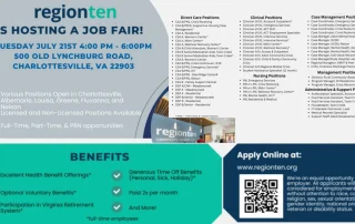 Region Ten job fair flyer with event details, benefits, open positions, and a QR code for online applications. The event is July 21, 4-6 PM, at 500 Old Lynchburg Rd, Charlottesville, VA.